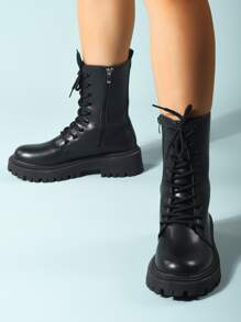 極簡風格前綁帶側拉鍊馬丁靴 - 黑色 - 查看 5