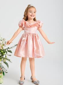 SHEIN Young Girls Ruffle Detail Puff Sleeve Party Dress - Baby Pink - View 1