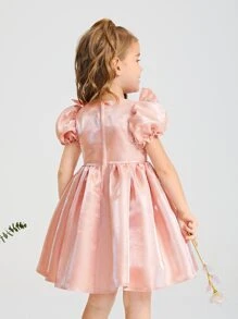 SHEIN Young Girls Ruffle Detail Puff Sleeve Party Dress - Baby Pink - View 2