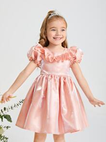 SHEIN Young Girls Ruffle Detail Puff Sleeve Party Dress - Baby Pink - View 4