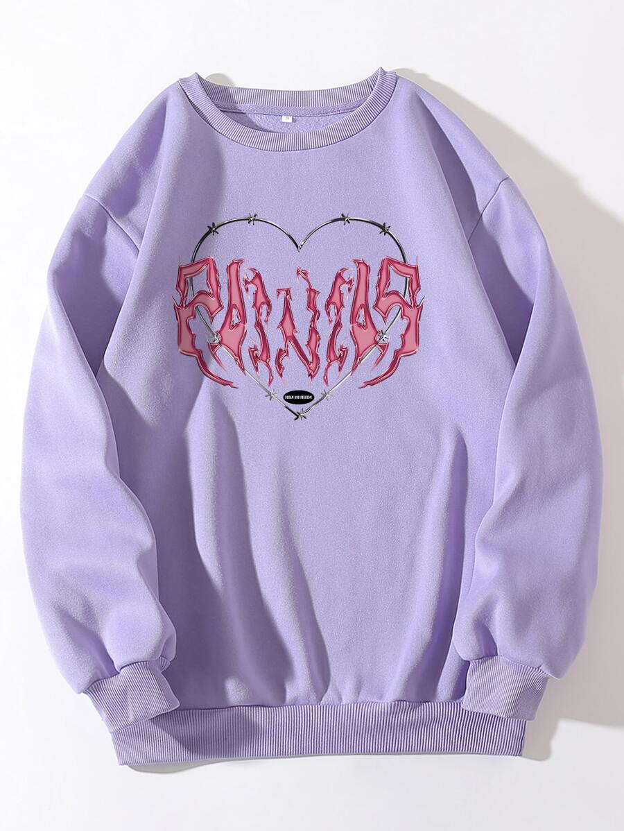 SHEIN EZwear 愛心和字母圖案加絨內裏運動衫 - 紫丁香色 - 查看 1