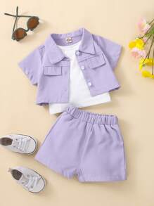 Baby Fake Pocket Jacket & Cami Top & Shorts - Multicolor - View 1