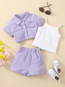 Baby Fake Pocket Jacket & Cami Top & Shorts - Multicolor - View 3