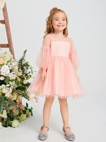 SHEIN 上身蕾絲燈籠袖網紗花女孩洋裝