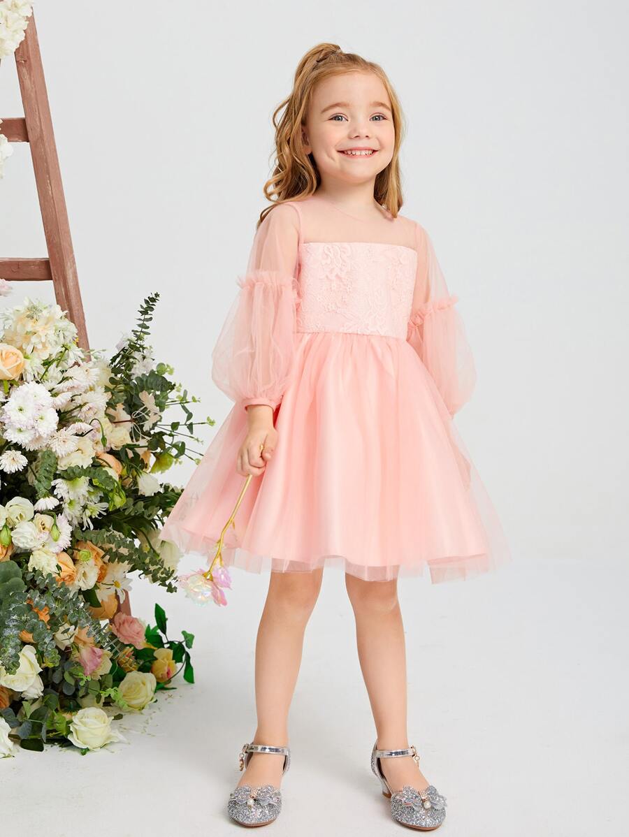 SHEIN 上身蕾絲燈籠袖網紗花女孩洋裝