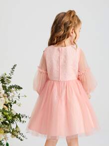 SHEIN 上身蕾絲燈籠袖網紗花女孩洋裝