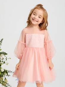 SHEIN 上身蕾絲燈籠袖網紗花女孩洋裝