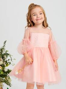 SHEIN 上身蕾絲燈籠袖網紗花女孩洋裝