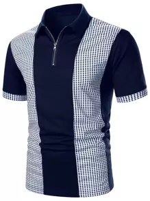 Calvornis 男款菱形印花半拉鍊拼色外出休閒 Polo 衫（適合老公） - 藏蓝色 - 查看 1