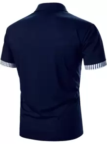 Calvornis 男款菱形印花半拉鍊拼色外出休閒 Polo 衫（適合老公） - 藏蓝色 - 查看 2