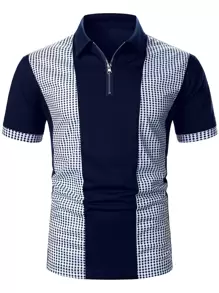 Calvornis 男款菱形印花半拉鍊拼色外出休閒 Polo 衫（適合老公） - 藏蓝色 - 查看 3