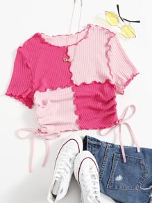 Muchica Lettuce Trim Drawstring Side Rib-knit Colourblock Tee - Pink - View 1