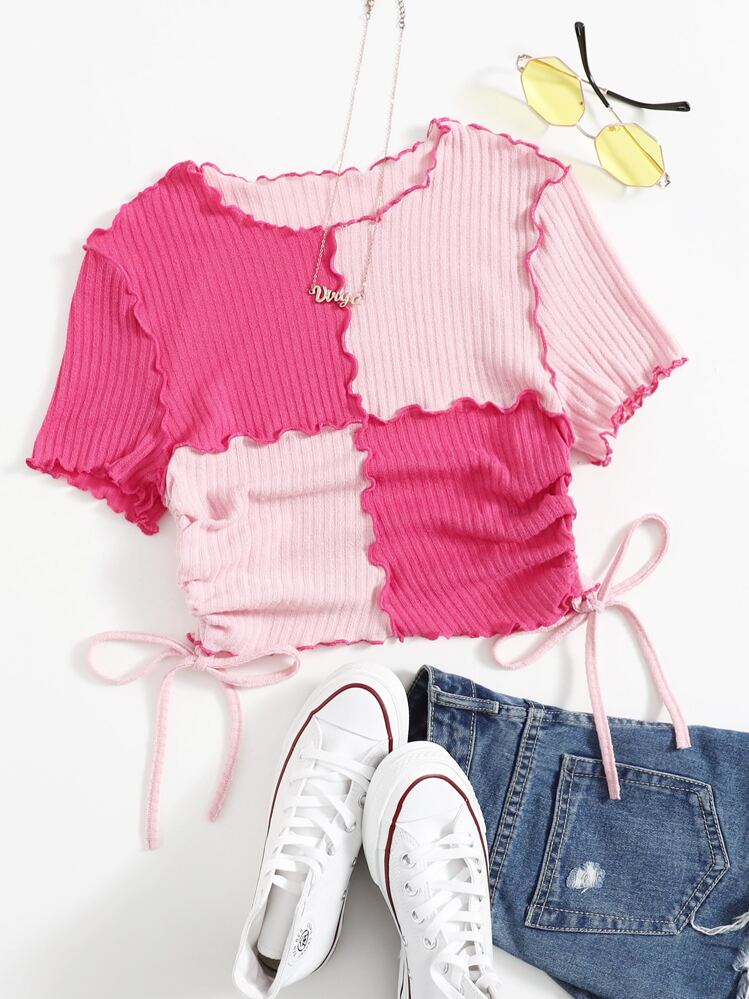 Muchica Lettuce Trim Drawstring Side Rib-knit Colorblock Tee - Pink - View 1