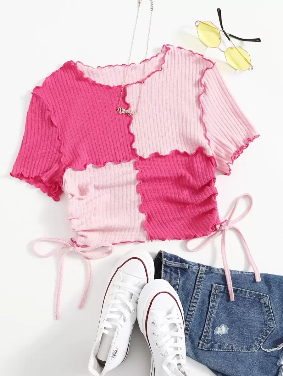 Muchica Lettuce Trim Drawstring Side Rib-knit Colourblock Tee - Pink - View 1