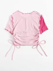 Muchica Lettuce Trim Drawstring Side Rib-knit Colourblock Tee - Pink - View 2