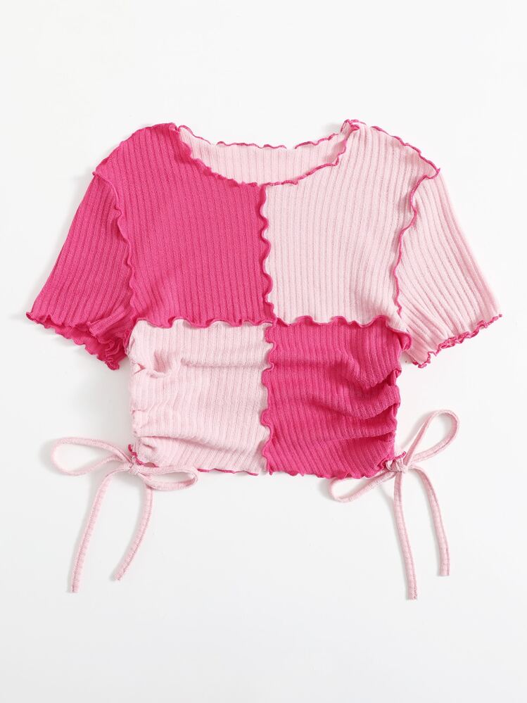 Muchica Lettuce Trim Drawstring Side Rib-knit Colorblock Tee - Pink - View 3