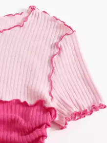 Muchica Lettuce Trim Drawstring Side Rib-knit Colourblock Tee - Pink - View 4