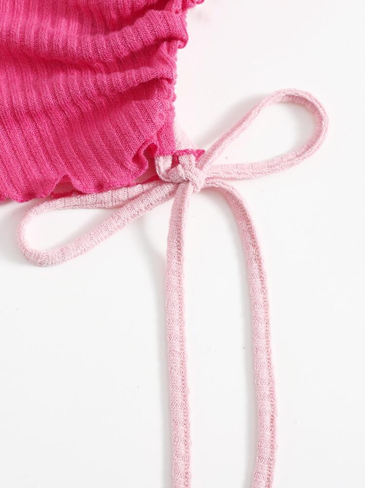 Muchica Lettuce Trim Drawstring Side Rib-knit Colorblock Tee - Pink - View 5