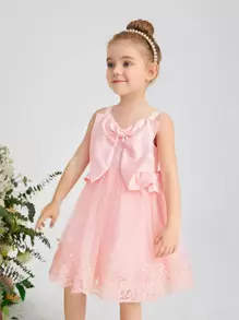 SHEIN 大蝴蝶結網紗邊吊帶花女小童洋裝