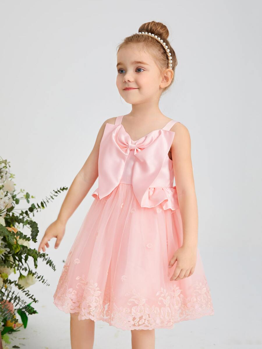 SHEIN 大蝴蝶結網紗邊吊帶花女小童洋裝