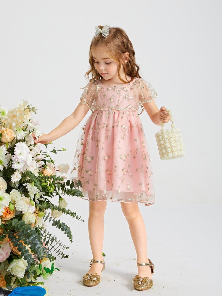 SHEIN Young Girls Floral Embroidered Mesh Overlay Dress - Baby Pink - View 3
