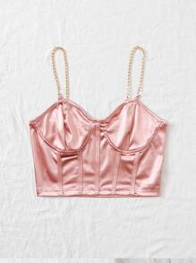 Chiquease Chain Detail Silky Bustier Cami Crop Top - Dusty Pink - View 3
