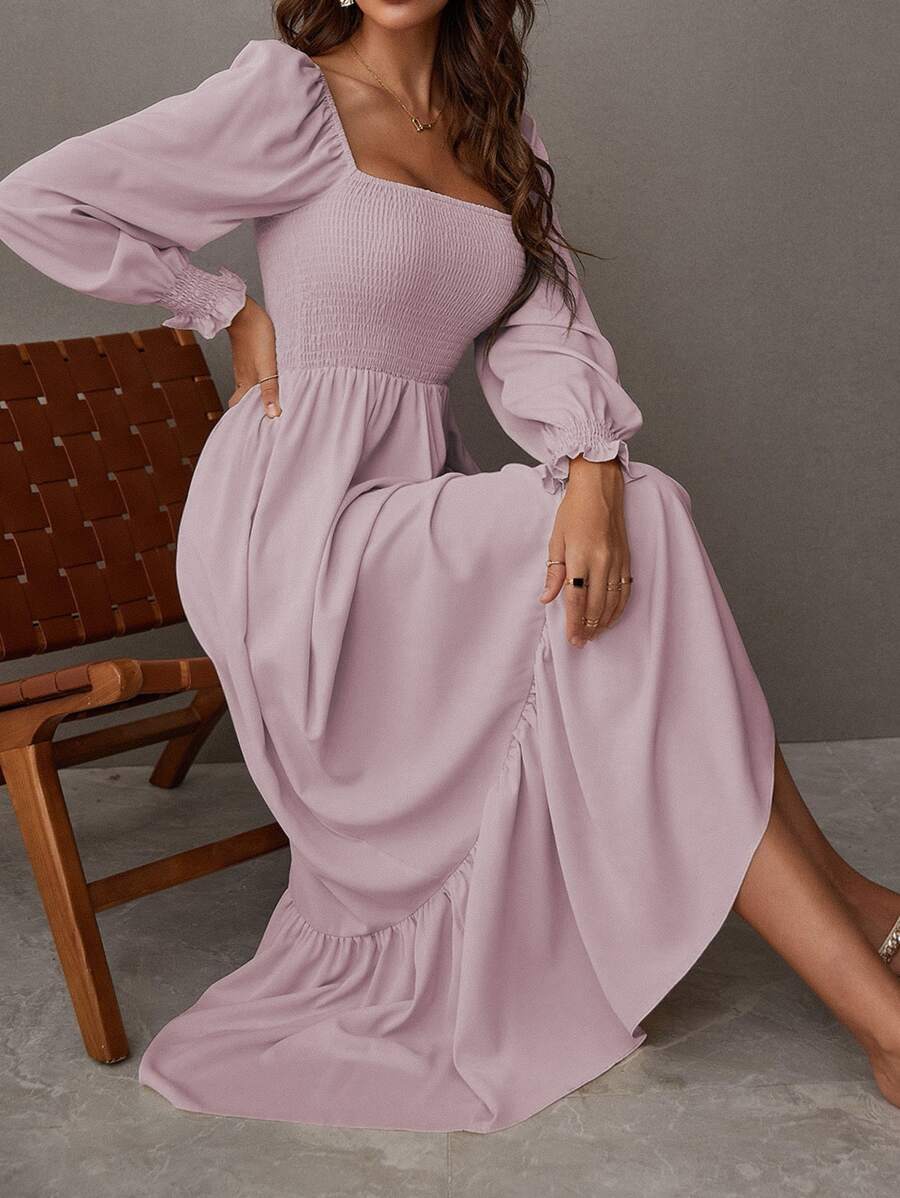 SHEIN LUNE Square Neck Shirred Ruffle Hem Dress Maxi Women Outfit - Dusty Pink - View 1