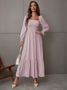 SHEIN LUNE Square Neck Shirred Ruffle Hem Dress Maxi Women Outfit - Dusty Pink - View 3