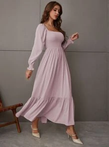 SHEIN LUNE Square Neck Shirred Ruffle Hem Dress Maxi Women Outfit - Dusty Pink - View 4
