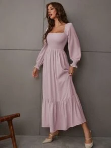 SHEIN LUNE Square Neck Shirred Ruffle Hem Dress Maxi Women Outfit - Dusty Pink - View 5