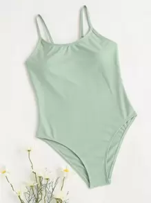 Girls Plain One Piece Swimsuit - Green - View 1