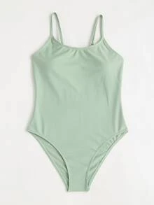 Girls Plain One Piece Swimsuit - Green - View 4