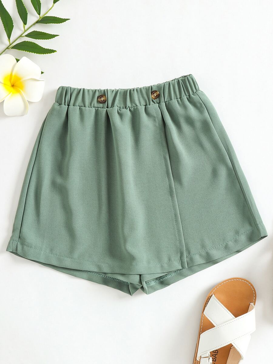 小女童彈性腰帶紐扣細節裙裤 - 綠色 - 查看 1