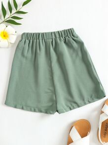 小女童彈性腰帶紐扣細節裙裤 - 綠色 - 查看 2