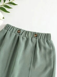 小女童彈性腰帶紐扣細節裙裤 - 綠色 - 查看 3