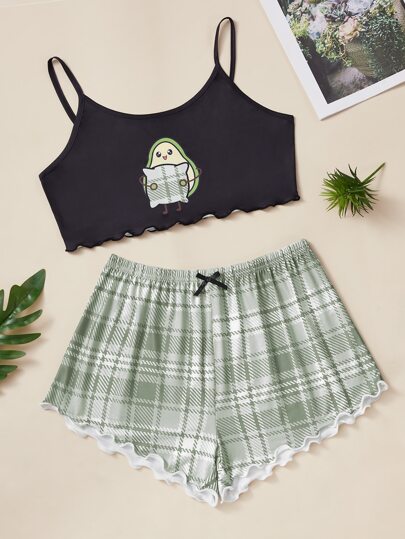 طقم بيجامة تصميم رسوم كارتون مع مربعات ملونة مقلم نمط نبات الخس