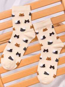 Cartoon Cat Pattern Crew Socks - Multicolor - View 1