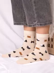 Cartoon Cat Pattern Crew Socks - Multicolor - View 3