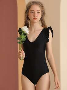 SHEIN Chicas adolescentes Bañador una pieza unicolor ribete con fruncido - Negro - Ver 1