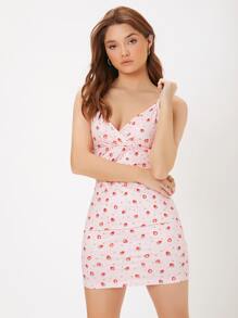 SHEIN Qutie Strawberry Print Bodycon Dress - Baby Pink - View 5