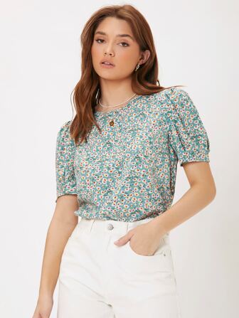 Amorya Ditsy Floral Puff Sleeve Top Business Casual Woman Night Out Teacher Outfits For Women Church Outfits Women