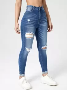 SHEIN Essnce Ripped Roll Up Hem Skinny Jeans - Medium Wash - View 1