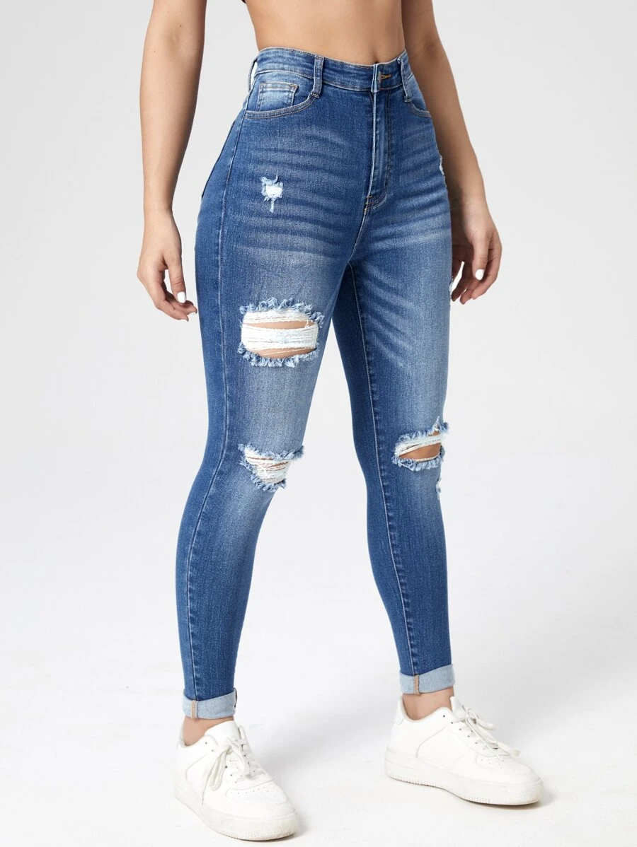SHEIN Essnce Ripped Roll Up Hem Skinny Jeans - Medium Wash - View 1