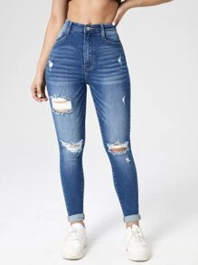 SHEIN Essnce Ripped Roll Up Hem Skinny Jeans - Medium Wash - View 4