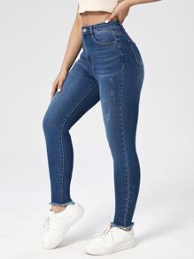 SHEIN Essnce Bleach Wash Cat Scratch Raw Hem Skinny Jeans - Dark Wash - View 3