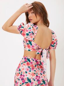 Soleia Floral Print Puff Sleeve Tie Backless Top - Multicolor - View 3