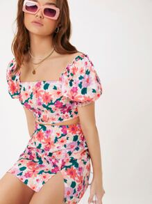 Soleia Floral Print Puff Sleeve Tie Backless Top - Multicolor - View 6