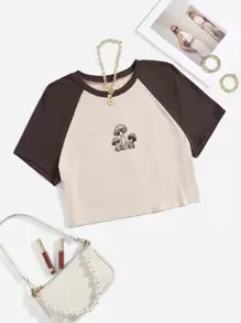 SHEIN Qutie Áo thun Plus size Gân đan Khối Màu Thực vật Giải trí - Màu be - Xem 1