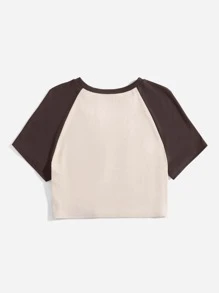 SHEIN Qutie Áo thun Plus size Gân đan Khối Màu Thực vật Giải trí - Màu be - Xem 2