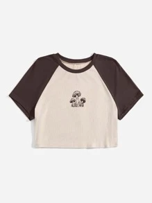 SHEIN Qutie Áo thun Plus size Gân đan Khối Màu Thực vật Giải trí - Màu be - Xem 3